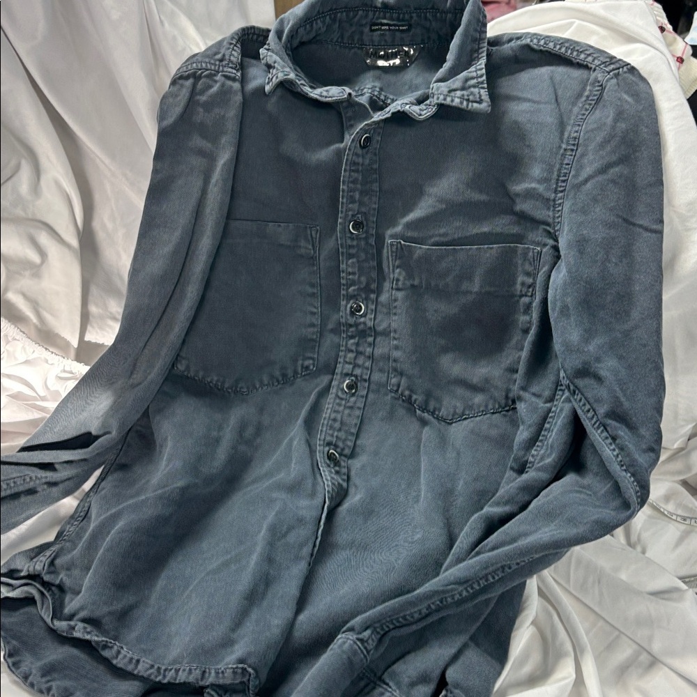 MOTHER Gray collard button down linnen blend long sleeve pocket shirt S - Picture 10 of 13